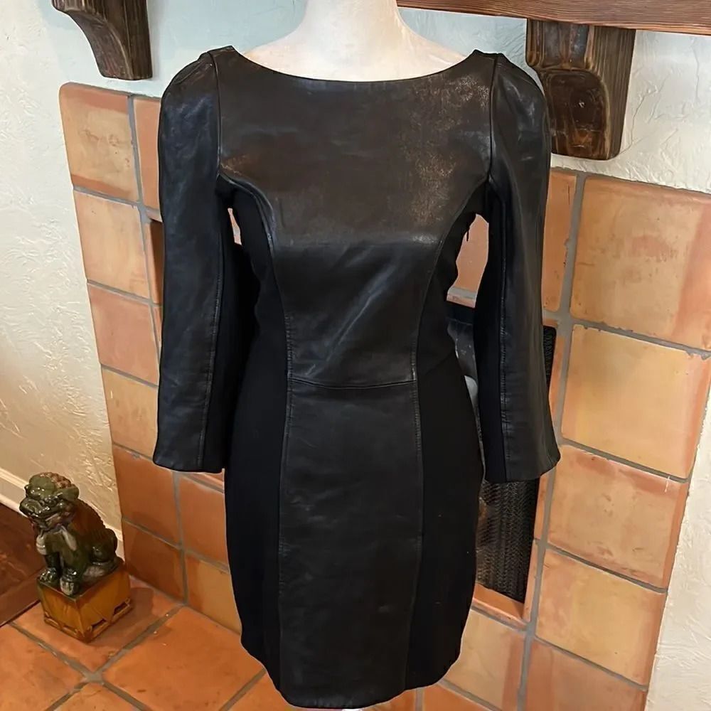Diane Von Furstenburg Arita Black Leather Panel Bodycon Dress, 6!